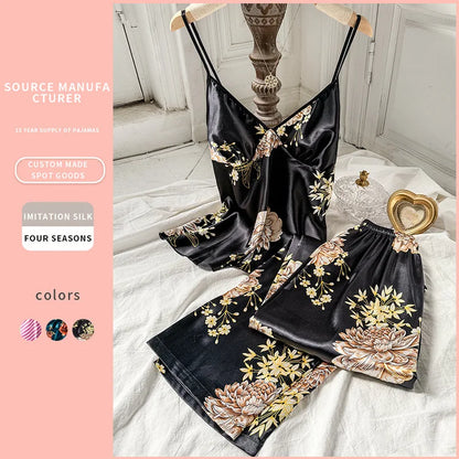 2pcs Women’s Summer Pajama Set – Printed Silk Suspenders Top & Long Pants Breathable Homewear