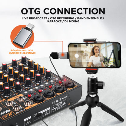 Debra Mini6 6-Channel Metal Audio Mixer Interface with Bluetooth & Delay Repeat Effect – OTG Sound Mixing Console for PC Recording