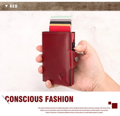 HUMERPAUL Men’s Pop-Up Card Holder – Crazy Horse Leather RFID Blocking Slim Wallet with Money Pocket & Metal Bank Card Case