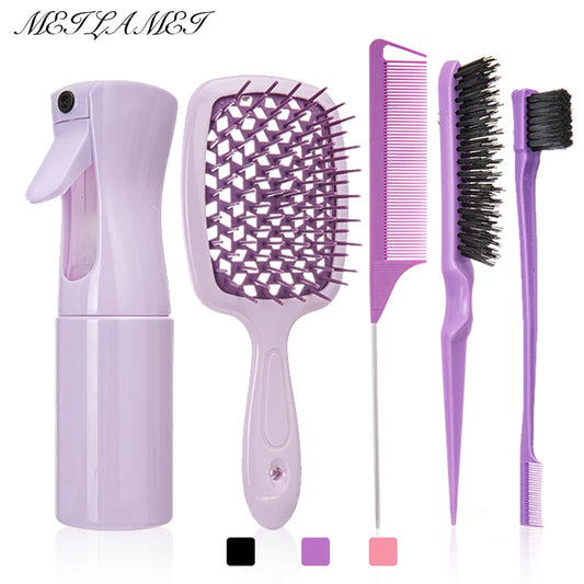 5PCS Comb Set – Detangling Hair Brush, Curly Hair Curved Rat Tail Comb, Edge Brush, Salon Tools for Curly Hair