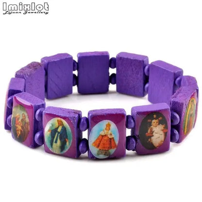 Wooden Rosary Bracelet - Elastic Colored Bead Catholic Prayer Bracelet with Jesus and Saint Design