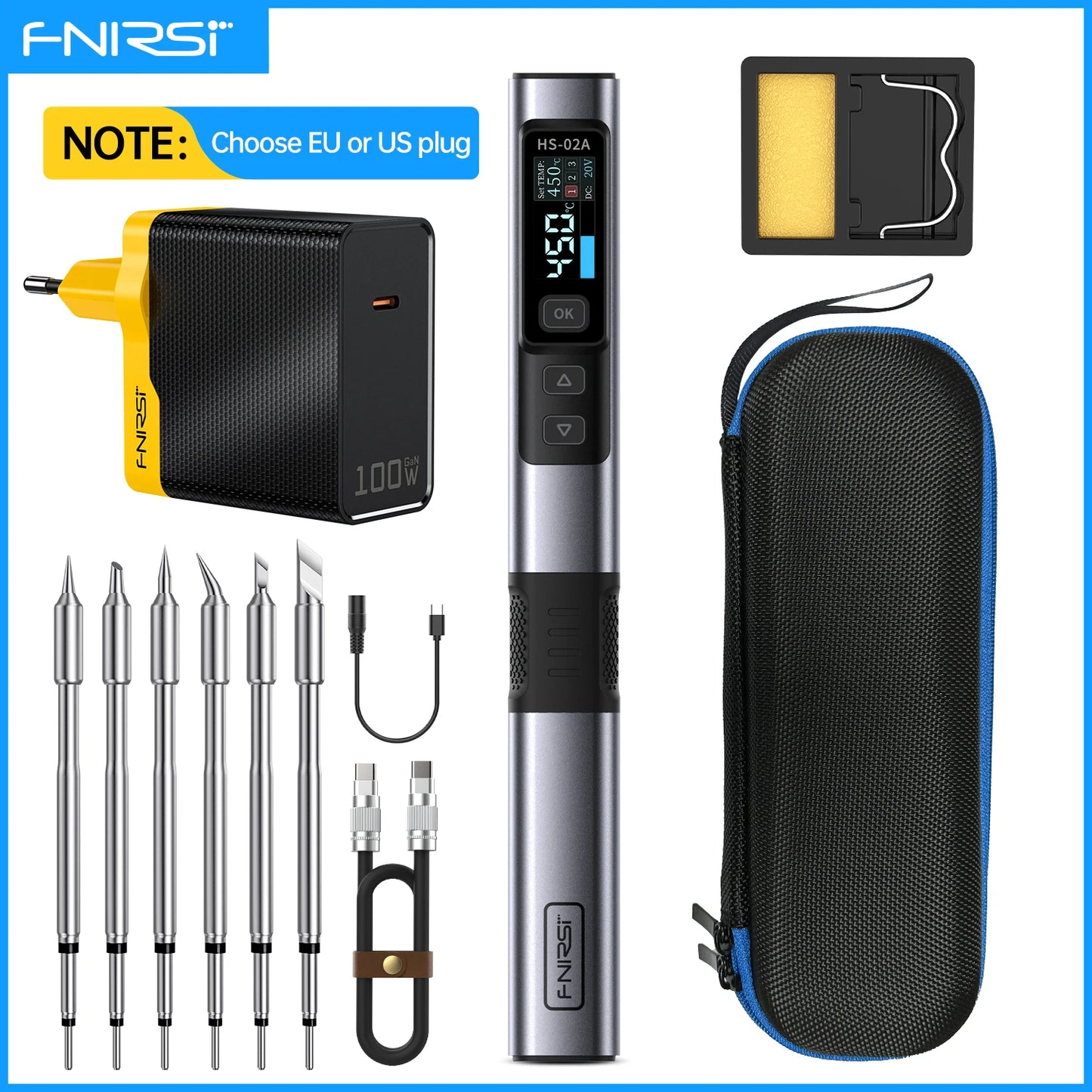 FNIRSI HS-02 Adjustable Temperature Soldering Iron – 20V 100–450℃ 100W Portable Welding & Repair Rework Station Tool