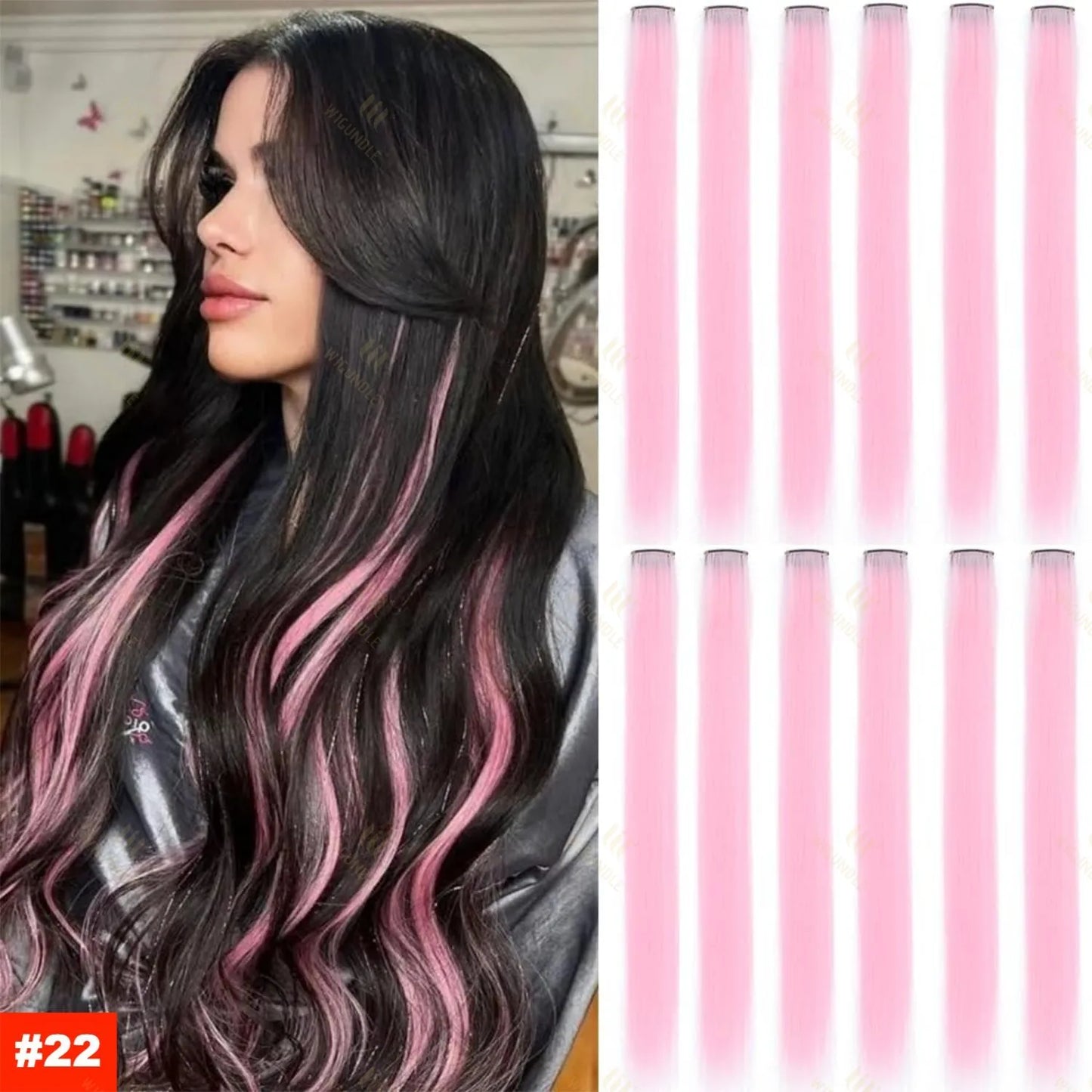 18-Color Clip-In Hair Extensions – 22 Inch Long Straight Synthetic Wig with High Gloss for Women & Children