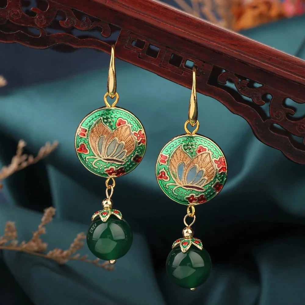 Vintage Flower Drop Earrings - Natural Stone Ethnic Jewelry for Women
