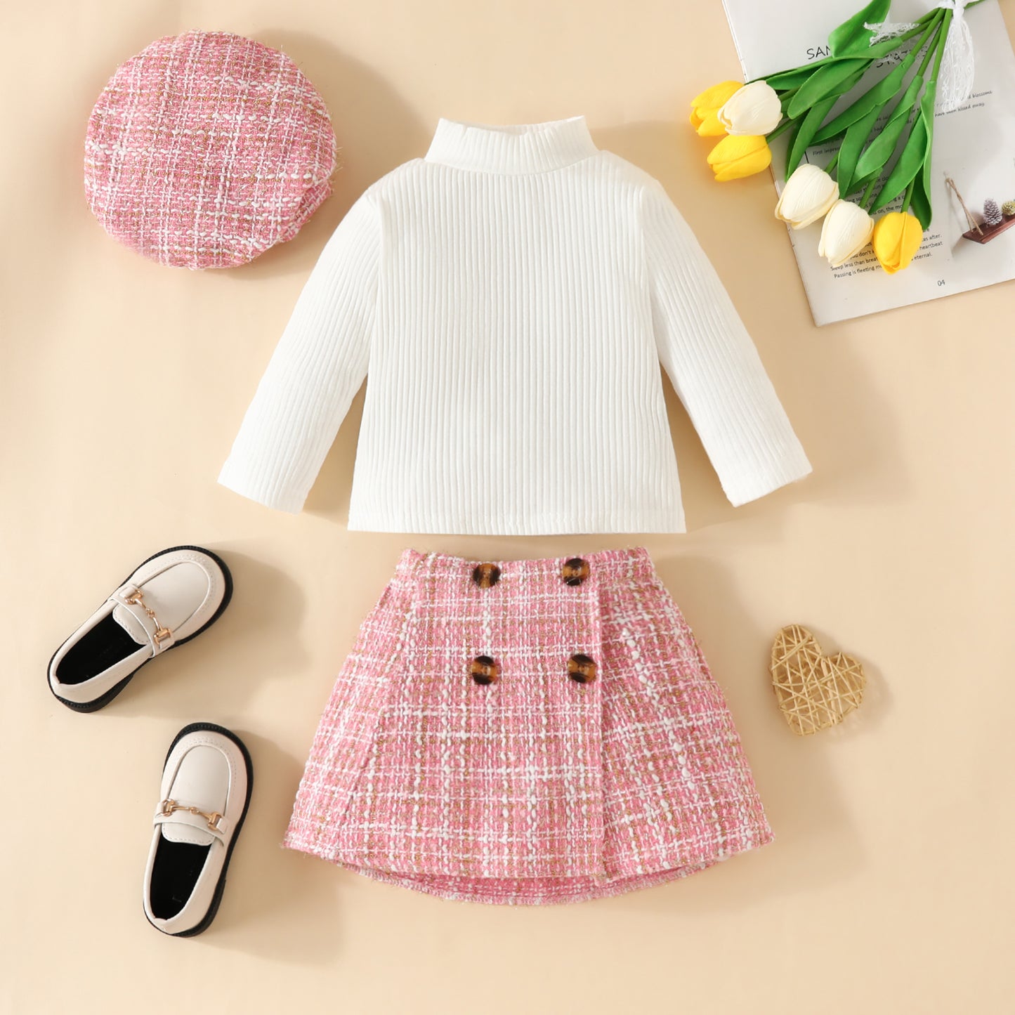 ma&baby Toddler Girls Clothes Set – Knit Long Sleeve Top, Plaid Skirt & Hat, 6M-3Y Fall & Spring Outfit