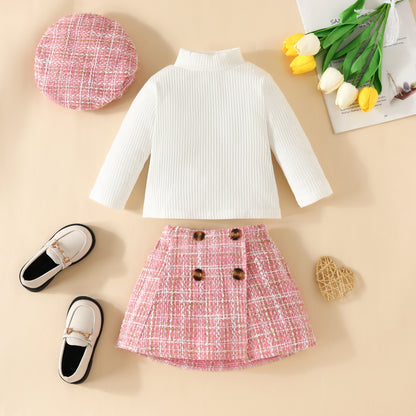 ma&baby Toddler Girls Clothes Set – Knit Long Sleeve Top, Plaid Skirt & Hat, 6M-3Y Fall & Spring Outfit