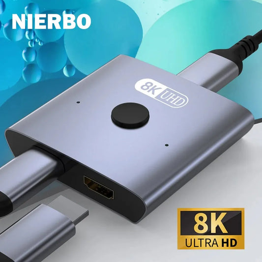 NIERBO 8K Bi-Directional HDMI 2.1 Switch Splitter - 2 in 1 Out Ultra HD 4K@120Hz 8K@60Hz 48Gbps Aluminum Hub for PS5 & Xbox