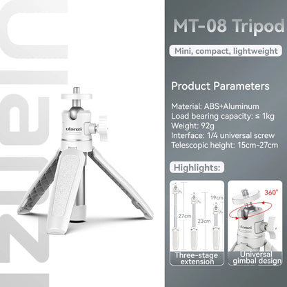 Ulanzi MT-08 Mini Tripod – White Foldable Monopod Mount with 1/4'' Universal Tripod for DSLR, Android & iPhone Smartphones