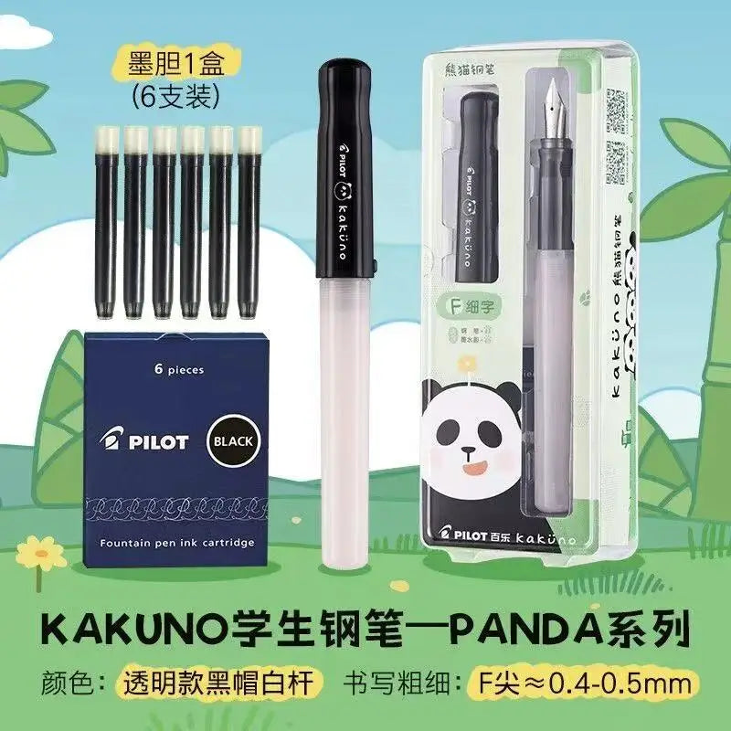 PILOT Kakuno Panda Limited Edition Smiley Fountain Pen – Fine Nib with 6 Replaceable Ink Cartridges Gift Set