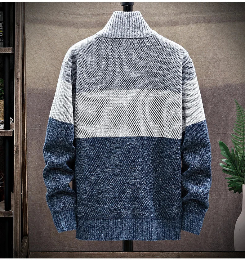 Men's Fleece Zipper Cardigan – Autumn Winter Velvet Striped Sweater Jacket