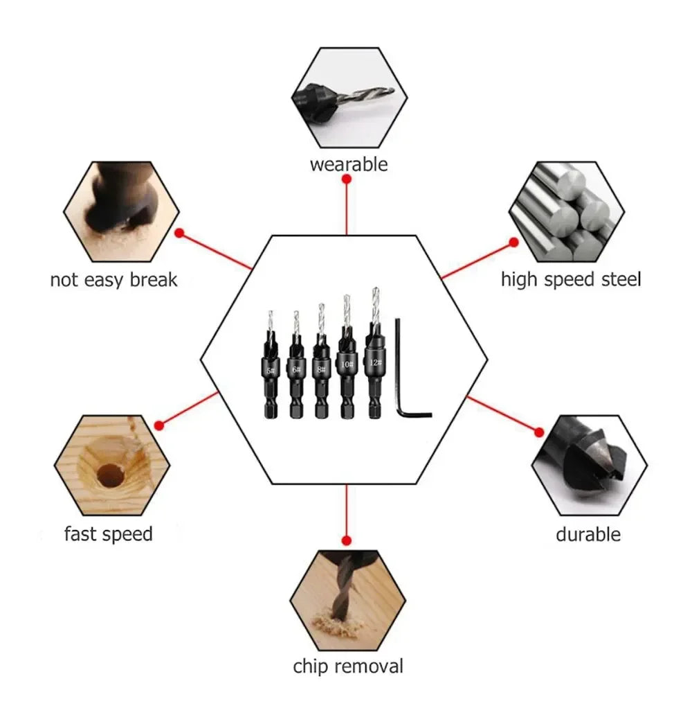 5PCS Woodworking Countersink Drill Bit Set – One-Piece Hex Handle Twist Drill with Chamfering Tool
