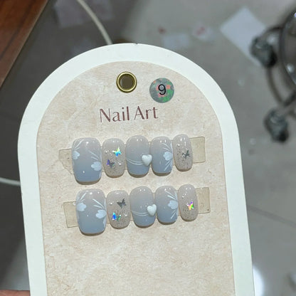 10Pcs Pink Handmade Press-On Nails – Short French Style with Flowers, Butterflies & Rhinestones, Full Cover Nail Tips