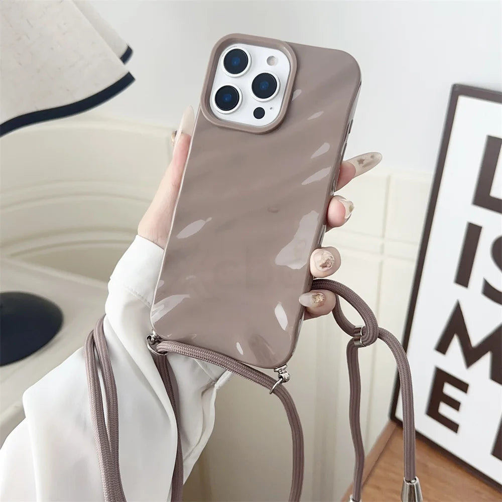 Glossy Wave Ripple Crossbody Lanyard Phone Case for iPhone 17/16/15 Pro Max Air 14 13 12 11 XR X 8 7 - Soft Silicone Protective Cover with Strap