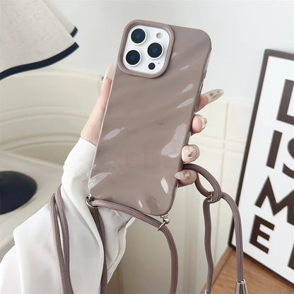 Glossy Wave Ripple Crossbody Lanyard Phone Case for iPhone 17/16/15 Pro Max Air 14 13 12 11 XR X 8 7 - Soft Silicone Protective Cover with Strap