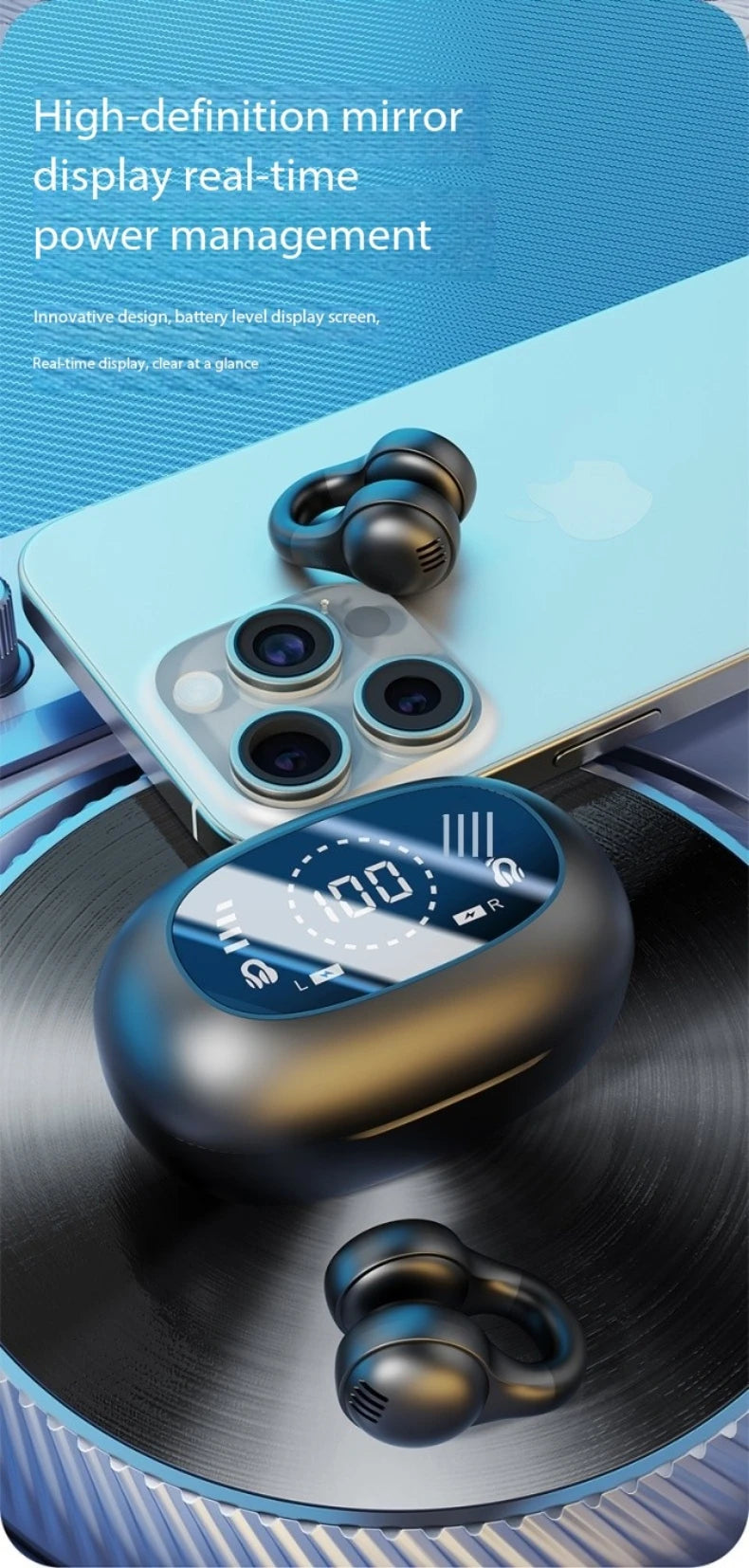 Wireless Bluetooth Earphones with Mirror Display – Soft Silicone Ear Clip, Noise Reduction, HD Sound, Lossless Audio for Sports