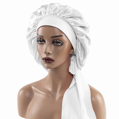Satin Nightcap for Women - Wide Stretch, Extra-Large Long Tail, Shower Cap with Ribbon, Round Hat Hair Bonnet