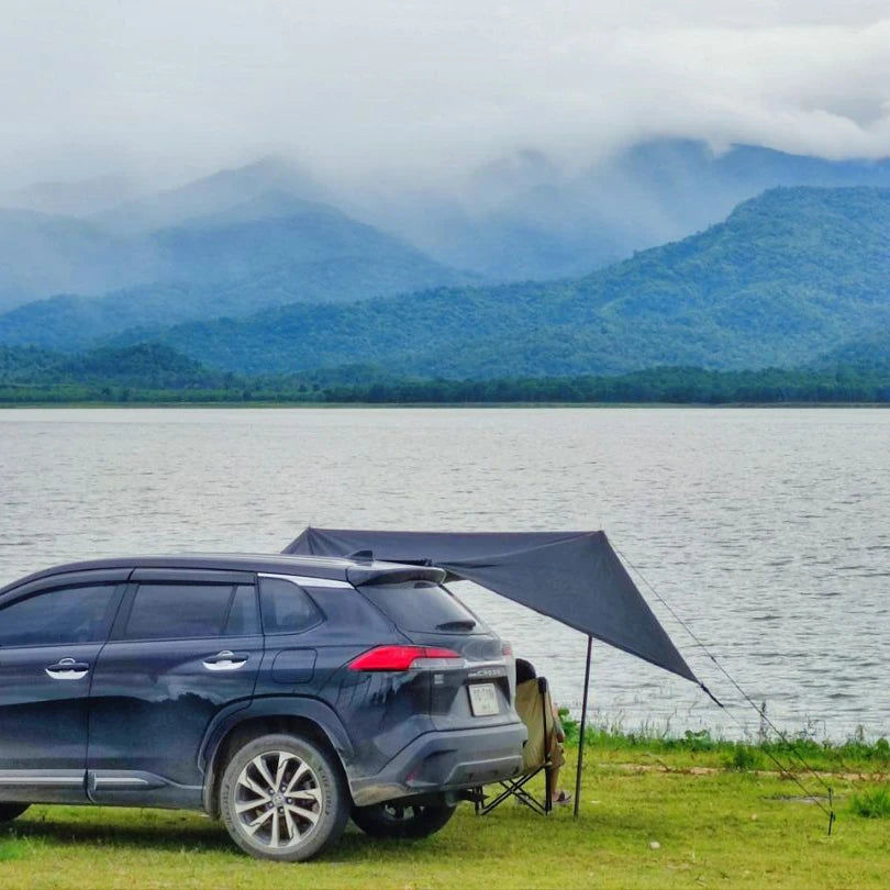 Bat Shape Black Coating Car Side Awning Tarp – 2x3 Waterproof Outdoor Shelter Tent for SUV & Van