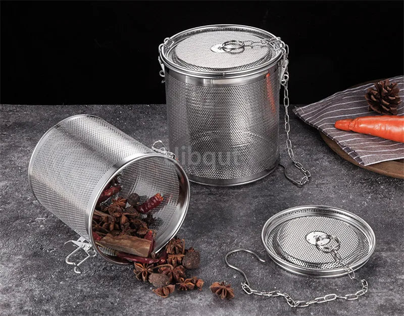 304 Stainless Steel Round Hole Seasoning Bag — Spice, Gravy & Soup Strainer Basket for Brine, Hot Pot, and Slag Separation