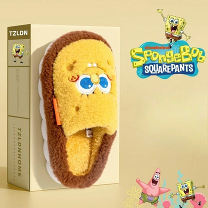 SpongeBob Suede House Slippers for Men & Women — Slip-On Fuzzy Indoor/Outdoor Shoes with Faux Fur Lining