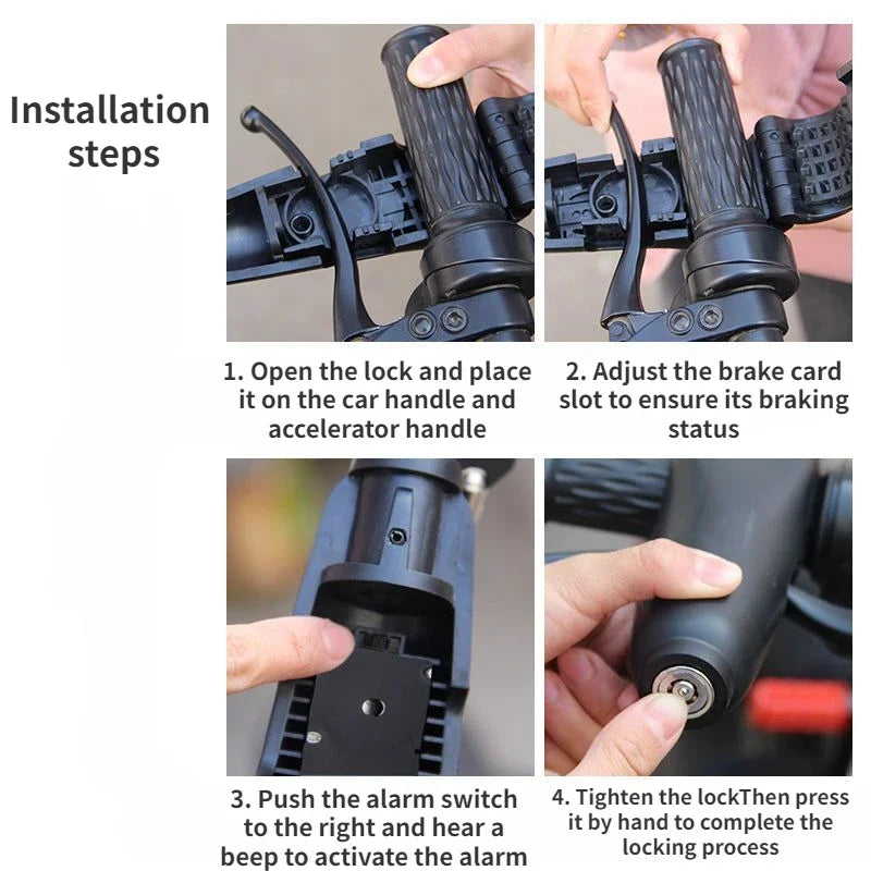 110DB Alarm Motorcycle Handlebar Lock - Anti-Theft Padlock for Scooters, Electric Vehicles and Bicycles with Accelerator Brake Security