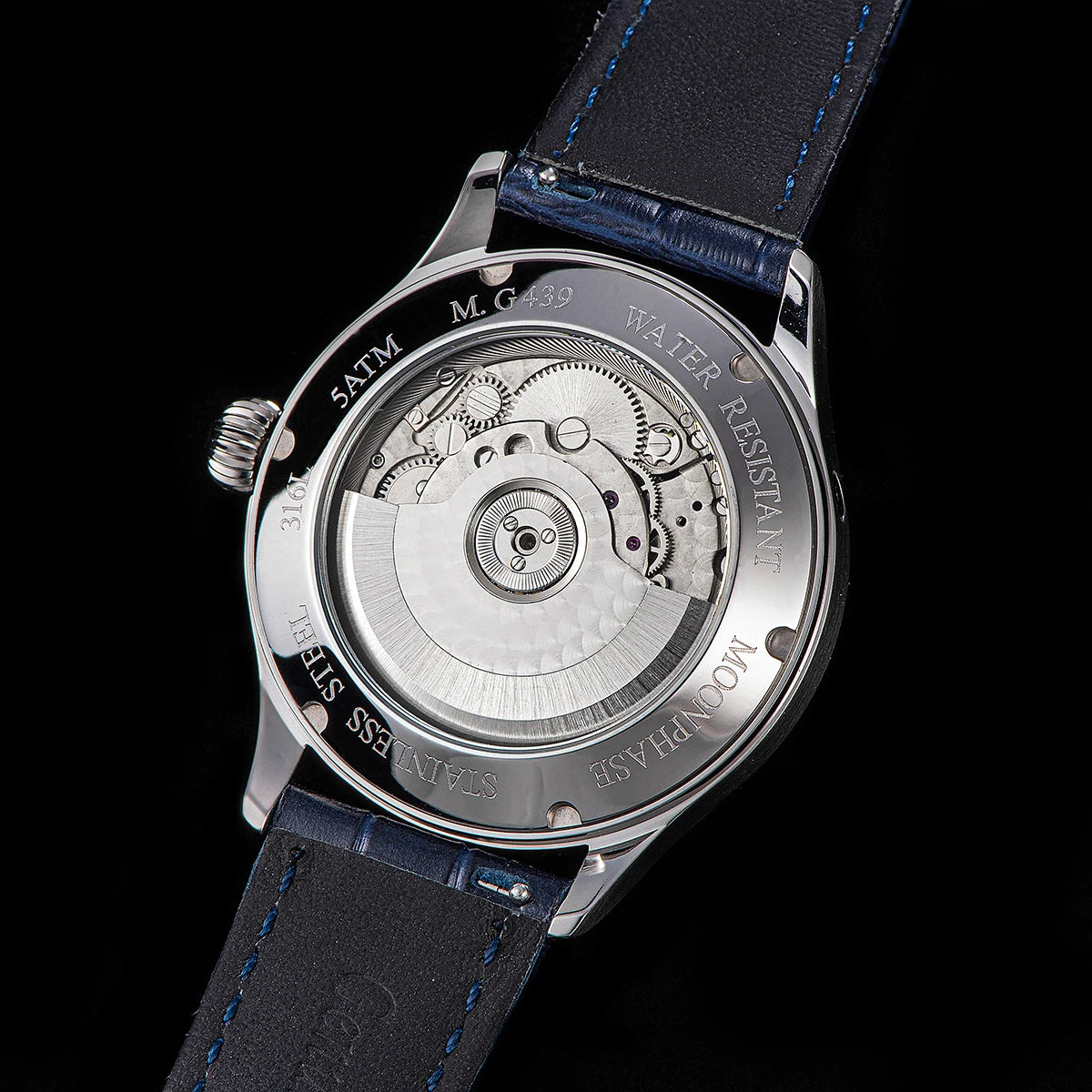 Sugess Moonphase Men’s Automatic Mechanical Watch — 40MM Stainless Steel with Seagull ST2528 Movement and Blue Sandstone Dial