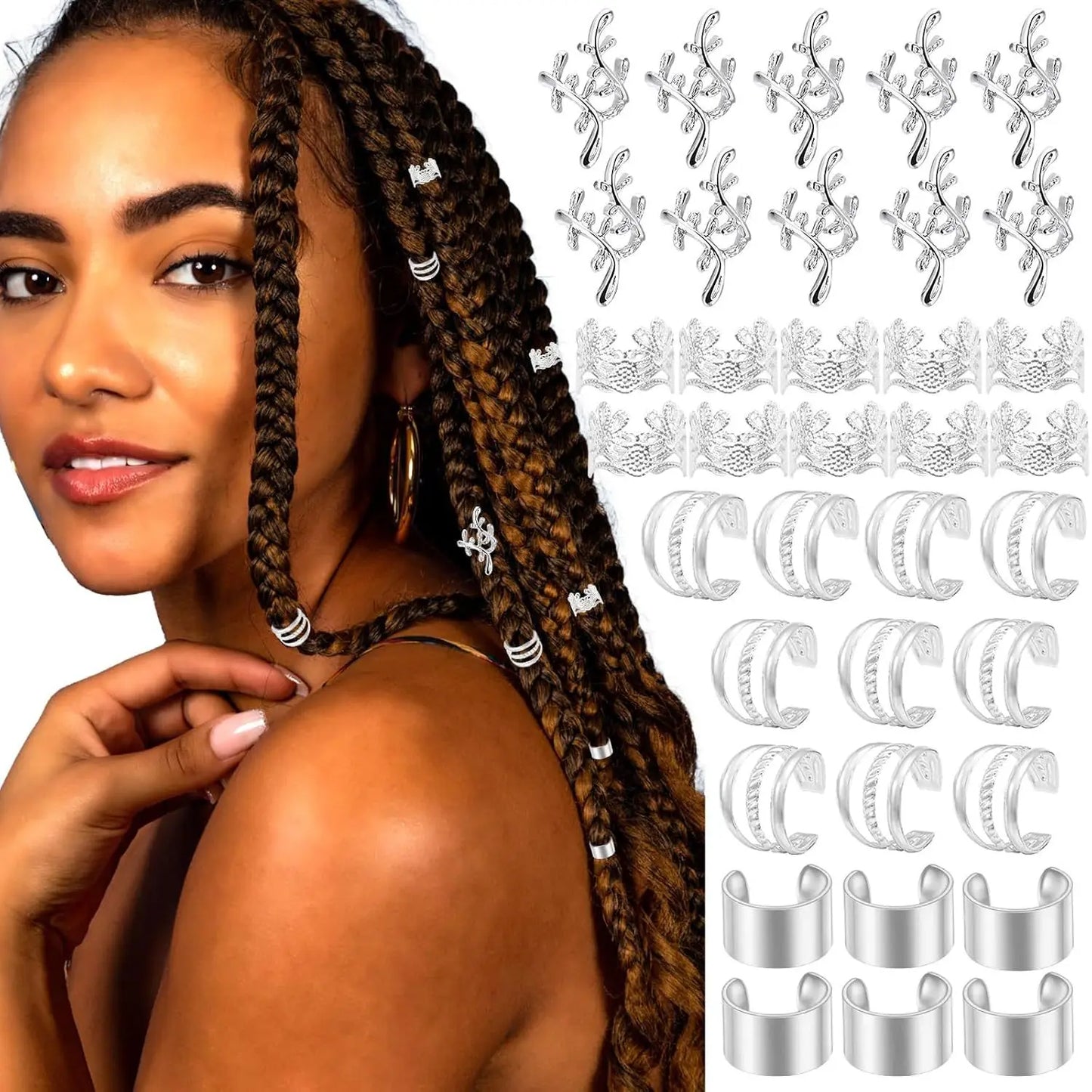 32-60PCS Human Hair Braiding Rings Kit — Gold, Silver & Wood Dreadlock Accessories Set for Men & Women Hair Styling