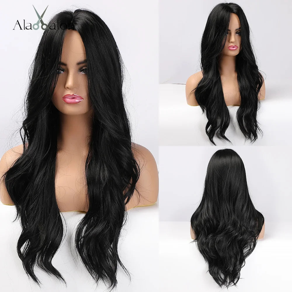 ALAN EATON Black Long Wavy Synthetic Wig – Natural Afro Hair, Middle Part, Heat-Resistant Fiber for Daily Use