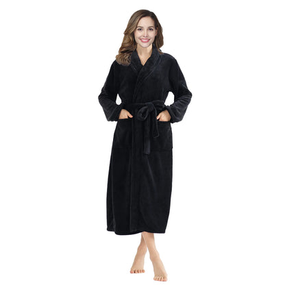 RONGTAI Women's Solid Color Lapel Bathrobe - Warm, Comfortable Long-Sleeved Robe for Autumn and Winter Homewear