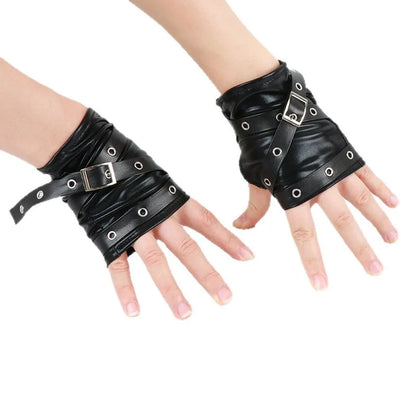 Gothic Fingerless Gloves - Black Short Leather Punk Wristband with Metal Buckle