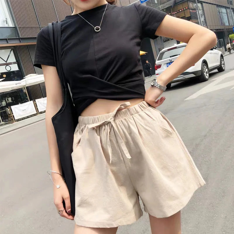 Casual Linen Shorts for Women – High Waisted Cotton Gym Workout Shorts – Black Ladies Sport Shorts