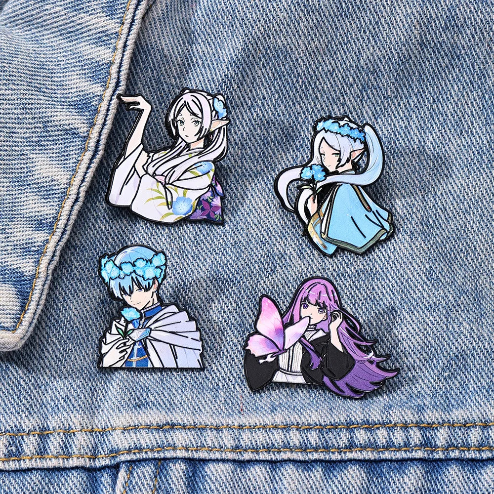 4-Piece Frieren: Beyond Journey’s End Enamel Pin Set - Anime Character Brooches Featuring Frieren, Himmel, Fern, and Stark