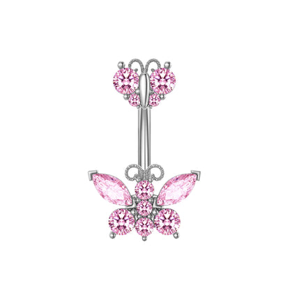 Pink Crown Belly Button Ring – Stainless Steel Heart Navel Piercing Barbell with Crystal for Women & Girls