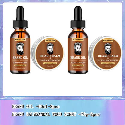 Organic Beard Growth Oil & Sandalwood Balm Grooming Kit (1/2/4 Set) – 24H Nourishing Beard Care with Argan Oil & Vitamin E, Anti-Flake Moisturizer for Men