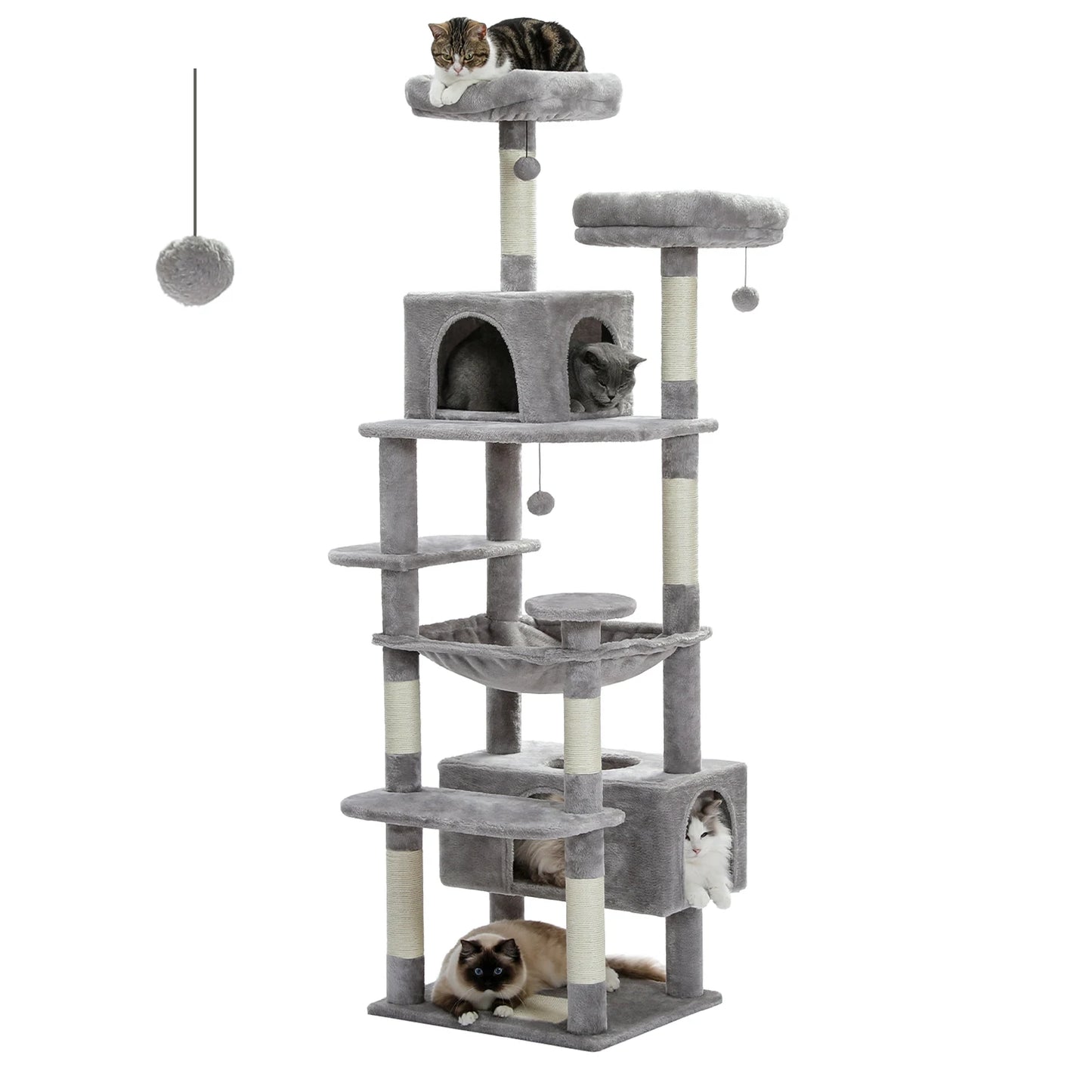 Large Indoor Cat Tree Tower with Sisal Scratching Posts, Hammock, Padded Perches & Condos – Cat Toys and Activity Center