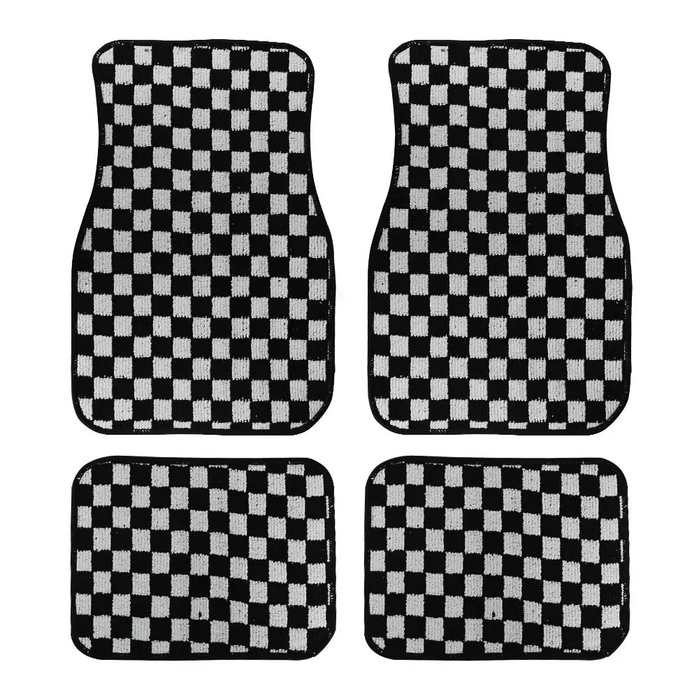 4PCS Universal Checkered Car Floor Mats - Anti-Slip Front & Rear Checkerboard Auto Carpet Foot Mats