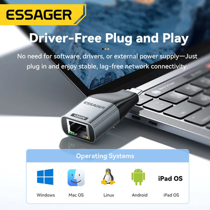 Essager Type-C to Ethernet Adapter – 100/1000Mbps Gigabit RJ45 to Type-C Adapter for MacBook, Laptop Wired Network Card
