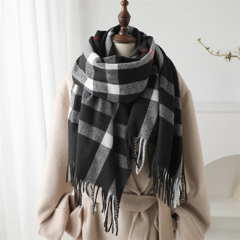 Luxury Brand Winter Plaid Cashmere-Like Blanket Scarf - Thick Warm Pashmina Shawl Wrap with Tassels, Poncho Stoles Echarpe