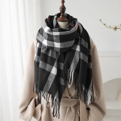 Luxury Brand Winter Plaid Cashmere-Like Blanket Scarf - Thick Warm Pashmina Shawl Wrap with Tassels, Poncho Stoles Echarpe