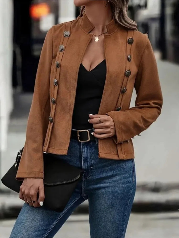 Vintage Women's Black Double-Breasted Jacket Coat – Casual Long-Sleeve Deerskin Fashion for Fall & Winter