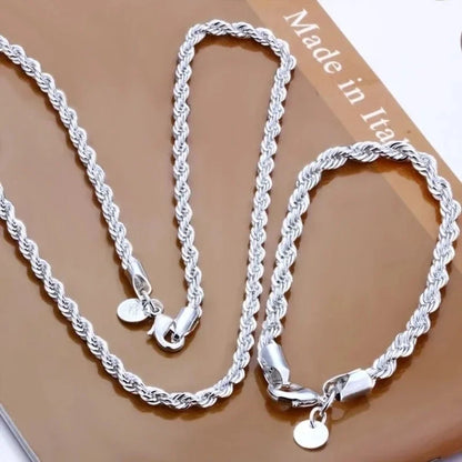 Charm 925 Sterling Silver Accessories — 4MM Rope Chain Necklace & Bracelet Set (40–60cm) for Men & Women, Fashion Wedding Gift Jewelry