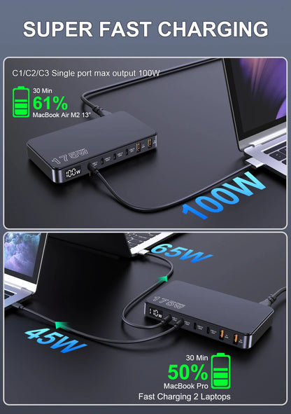 Ueetop 175W GaN USB-C Charger – 6-Port Desktop Charger with LED Display, PD 100W, PPS 45W Fast Charging for MacBook, Samsung, iPhone