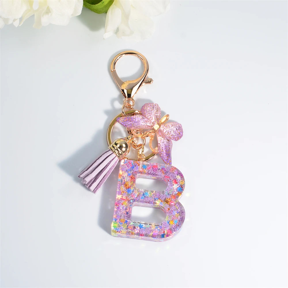 A-Z Sequin Initial Keychain - Dreamy Butterfly Tassel Pendant Bag & Purse Charm for Women