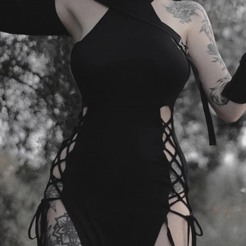 Gothic Dark Cosplay Dress – High Split Y2K Bandage Halter Slim Midi Black Grunge Partywear