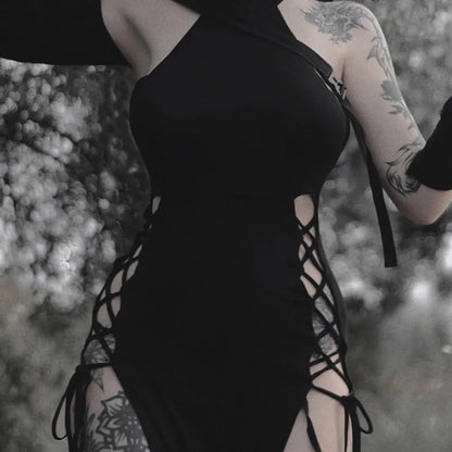 Gothic Dark Cosplay Dress – High Split Y2K Bandage Halter Slim Midi Black Grunge Partywear