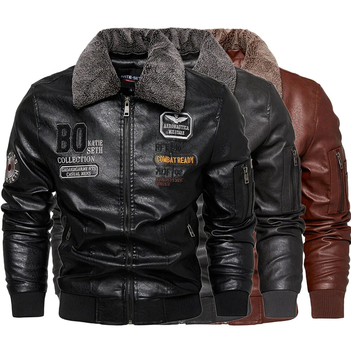 Men's Slim Fit Leather Bomber Jacket - Fur Collar Warm Flight Pilot Coat Black Outerwear