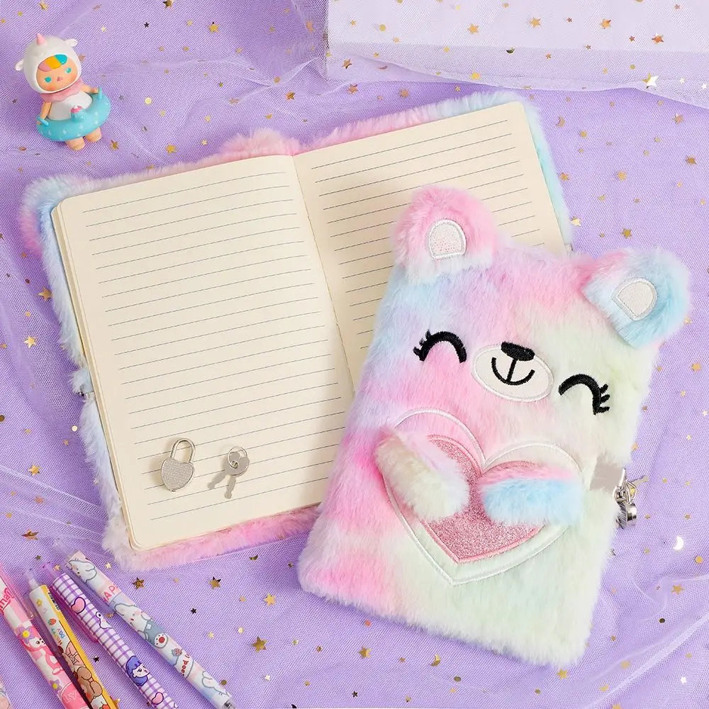 Cartoon Bear Plush Lock Notebook A5 Tie-Dye Diary Journal for Girls – Cute Stationery Gift