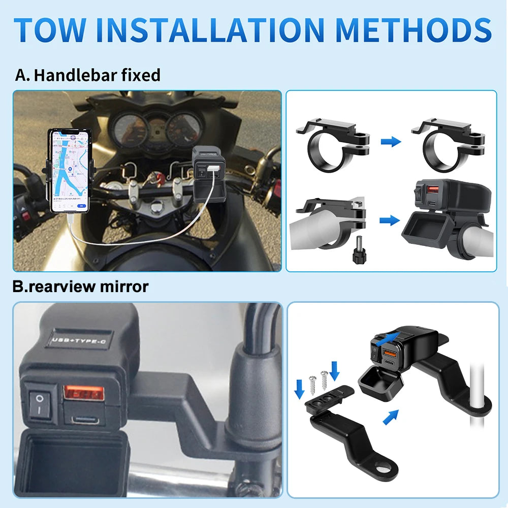 60W PD QC3.0 Motorcycle USB Fast Charger - Dual USB Handlebar Socket With Switch Voltmeter Waterproof 12V Power Adapter