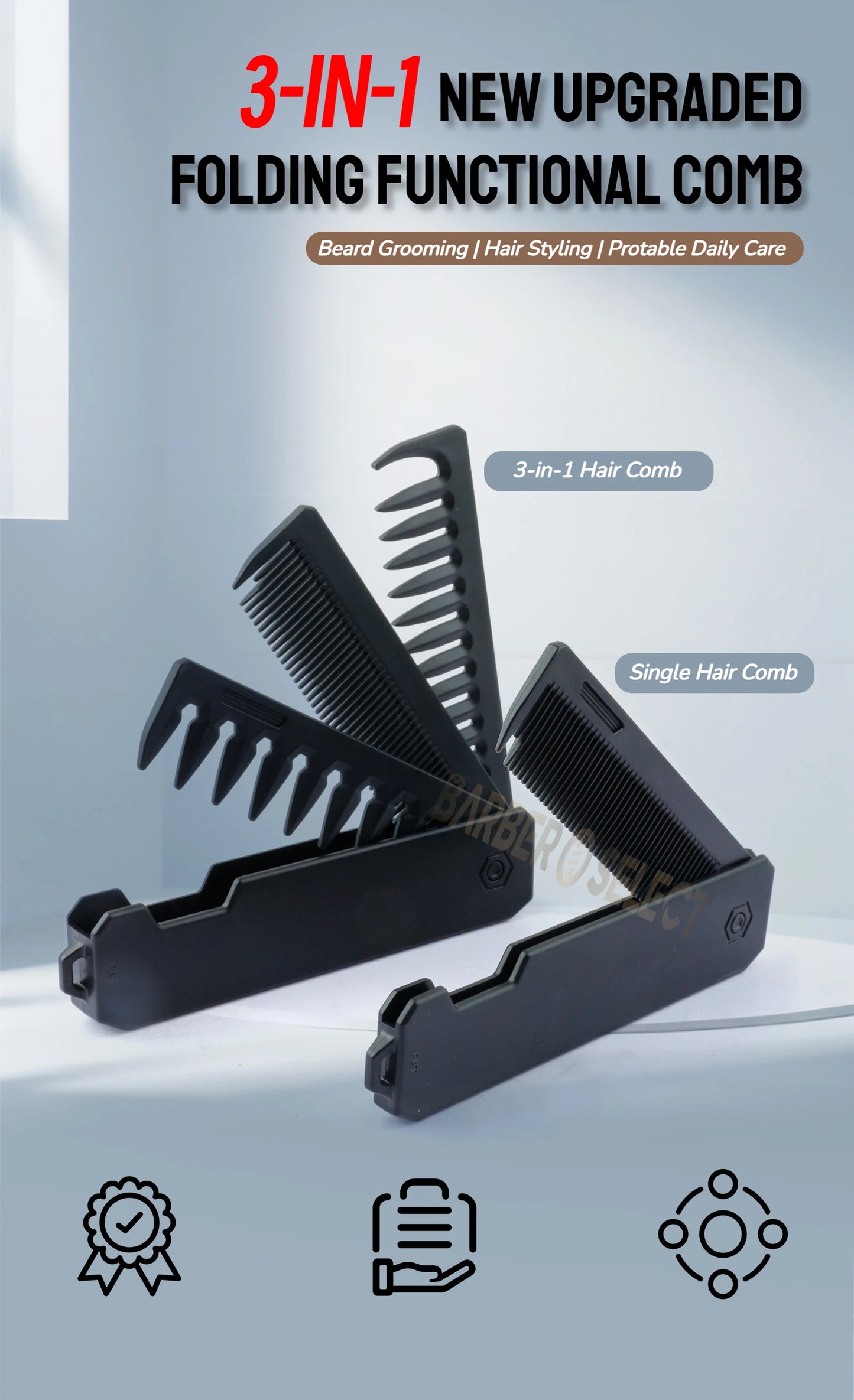 Newest 1/2/3-in-1 Portable Folding Comb – Wide Tooth Barber Clipper, Mini Beard & Hair Combing Styling Tool