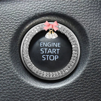 Rhinestone Bow Car Start Button Trim - Sparkling Diamond Decorative Ring Protective Cover for Auto Accessories