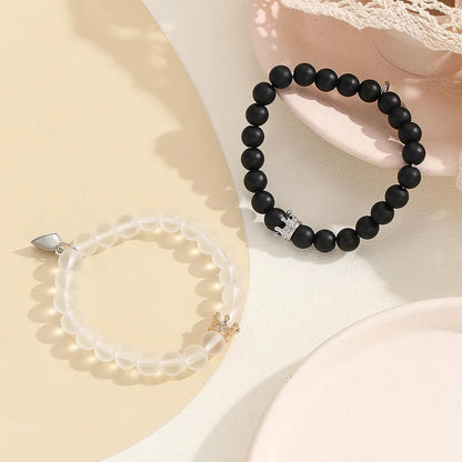 Handmade Crown Beaded Charms Bracelet Set - Luminous Heart Glow In The Dark Couple Bracelet for Men Women - Fluorescent Gift (2pcs)